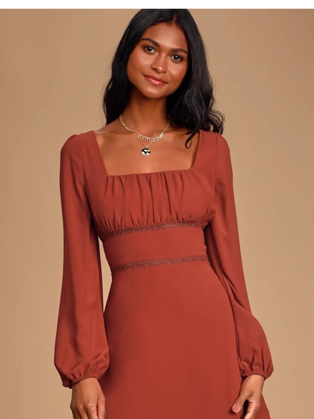 Loving Memories Rust Red Long Sleeve Crochet Lace Skater Dress